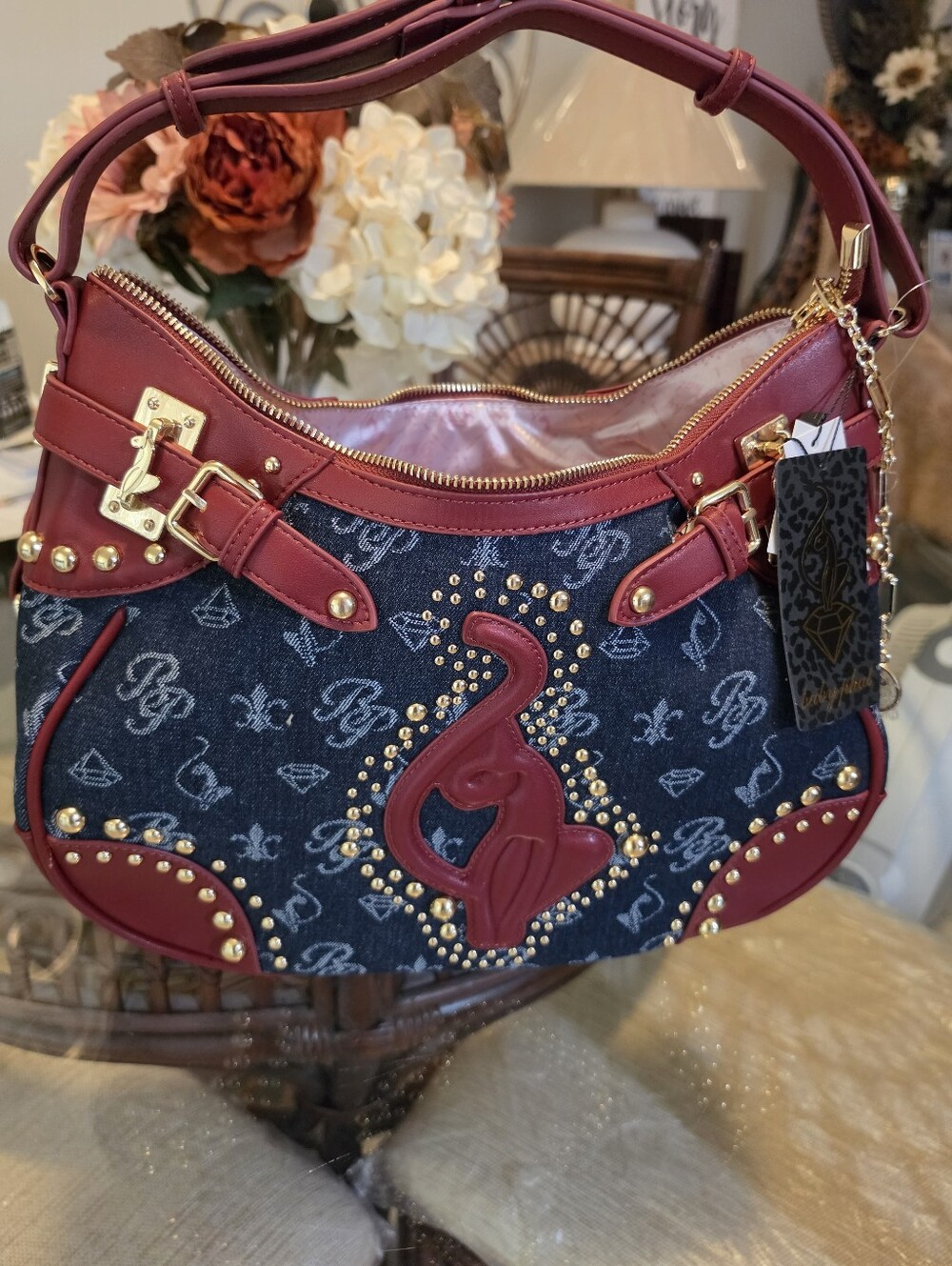 Baby Phat Denim Shoulder Bag with Burgundy Trim and Gold Hardware